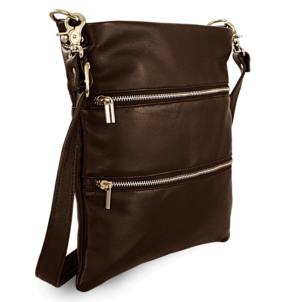 E-shop Tmavě hnědá kožená zipová kabelka s popruhem 212-3066-47