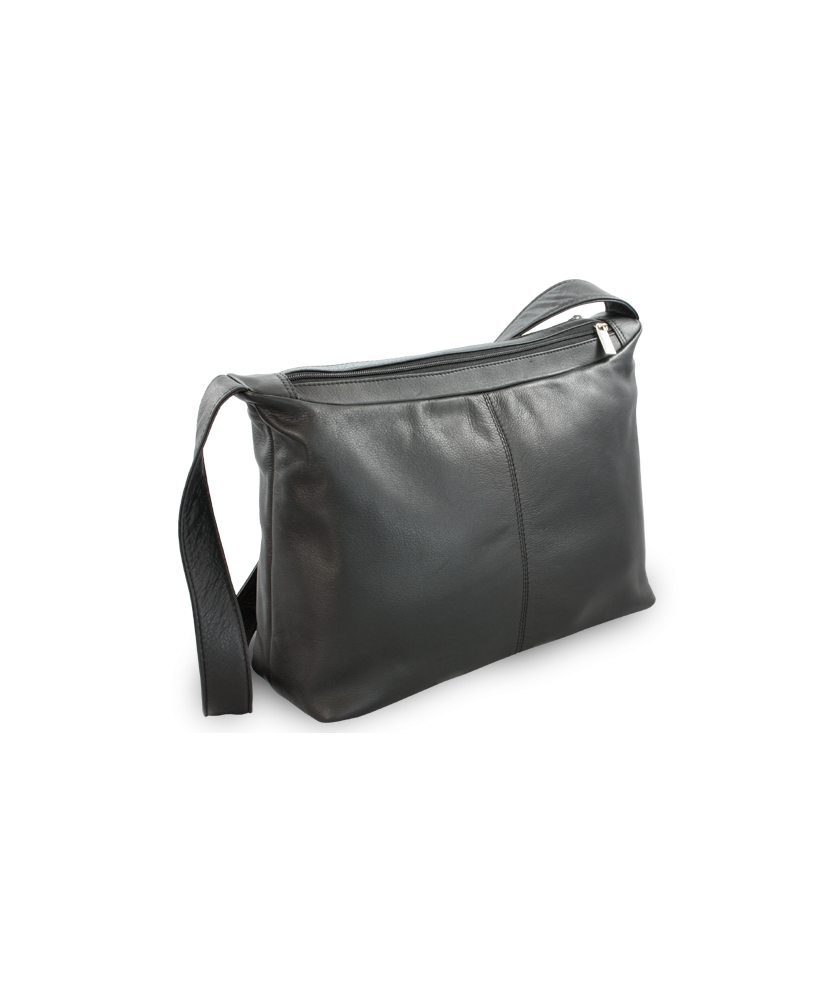 Čierna kožená dvojzipsová kabelka so širokým popruhom 212-4003-60
