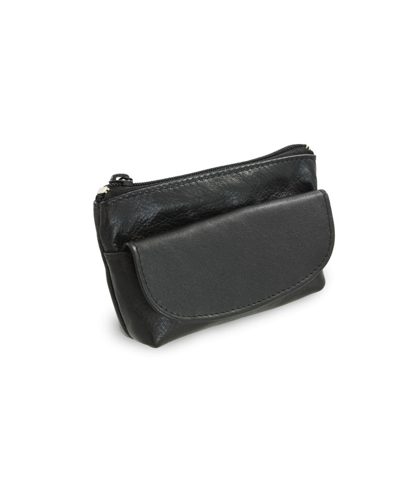 Čierna kožená kľúčenka so zipsovým a poklopovým vreckom 619-0369-60