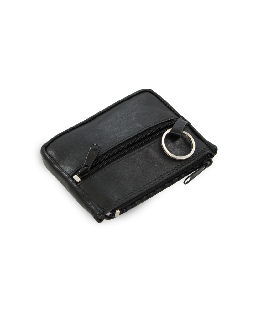 Čierna kožená kľúčenka s dvoma zipsovými a poklopovým vreckom 619-0373-60