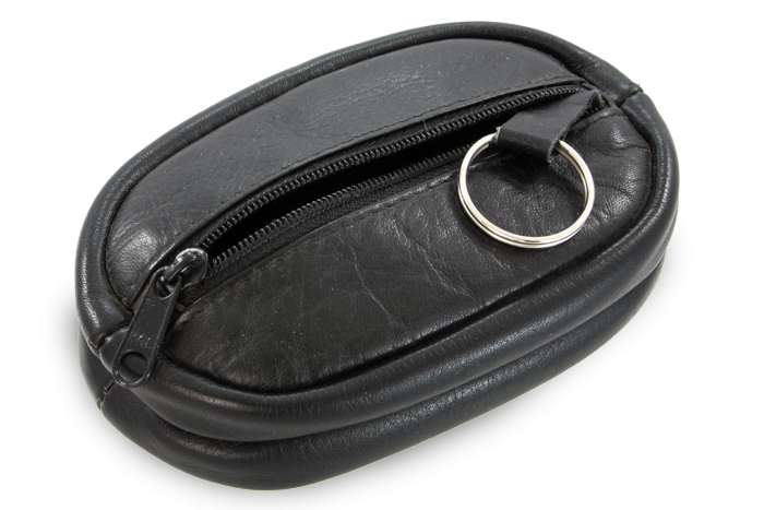 Černá kožená klíčenka se dvěma velkými zipovými kapsami 619-0375-60