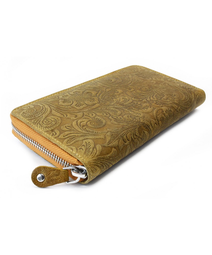 Žltá dámska kožená zipsová peňaženka so vzorom 511-2265-86