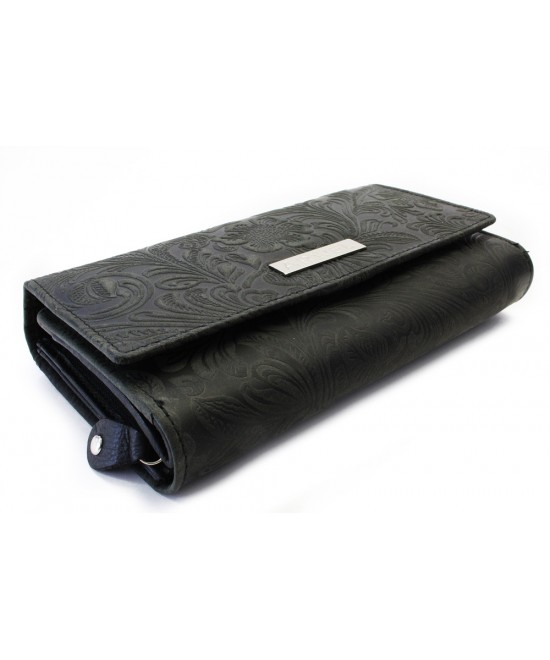 Čierna dámska kožená klopnová peňaženka so vzorom 511-2235-60
