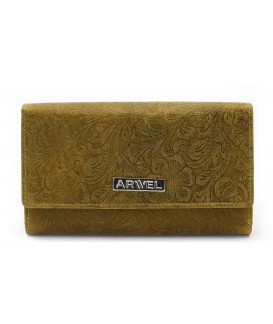 Tmavo žltá dámska kožená klopnová peňaženka so vzorom 511-2235-86