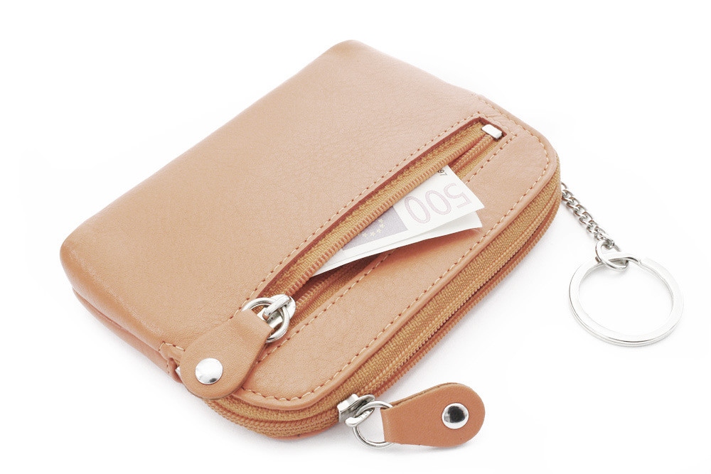 Väčšia béžová kožená dvojzipsová kľúčenka 619-8104-82