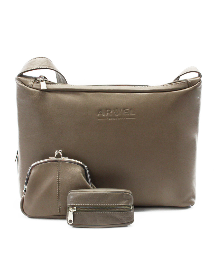 Šedohnedá sada dámskej kabelky, peňaženky a kľúčenky 412-4003-1745-2418-26