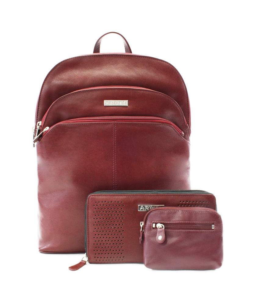 Vínovo červená sada dámskeho batohu, peňaženky a kľúčenky 412-8955-4722-8104-34