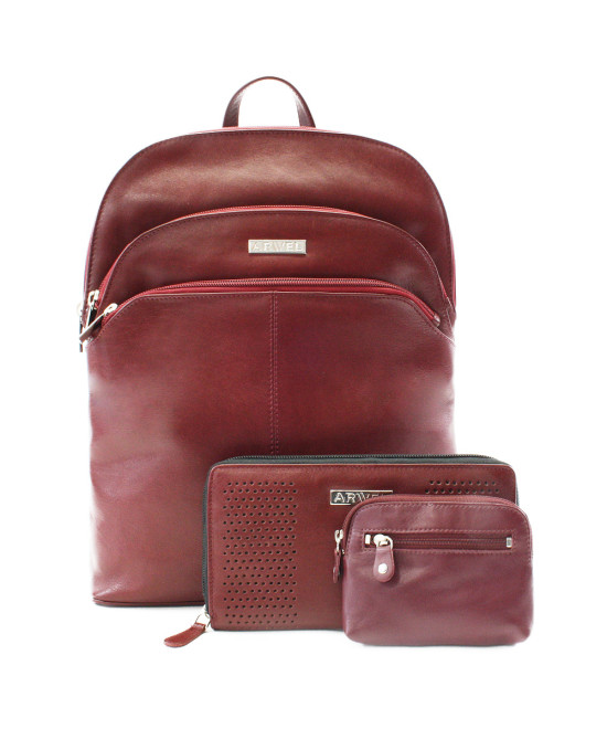 Vínovo červená sada dámskeho batohu, peňaženky a kľúčenky 412-8955-4722-8104-34