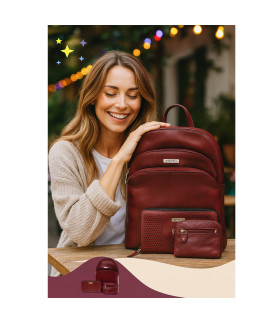 Vínovo červená sada dámskeho batohu, peňaženky a kľúčenky 412-8955-4722-8104-34