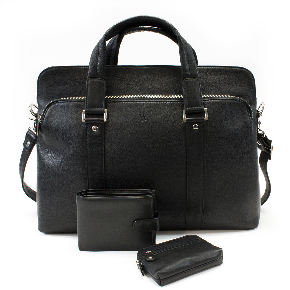 Súprava čiernej tašky na notebook, peňaženky a kľúčenky 412-2187-4404-8104-60