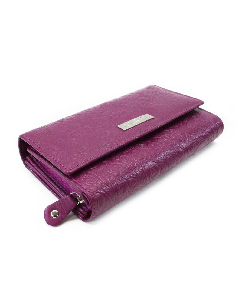 Fuchsiová dámska kožená klopnová peňaženka so vzorom 511-2235-36