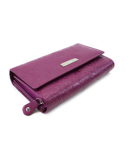 Fuchsiová dámska kožená klopnová peňaženka so vzorom 511-2235-36