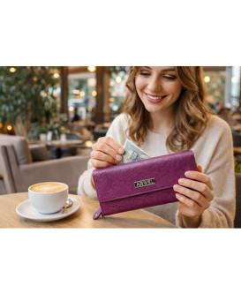 Fuchsiová dámska kožená klopnová peňaženka so vzorom 511-2235-36