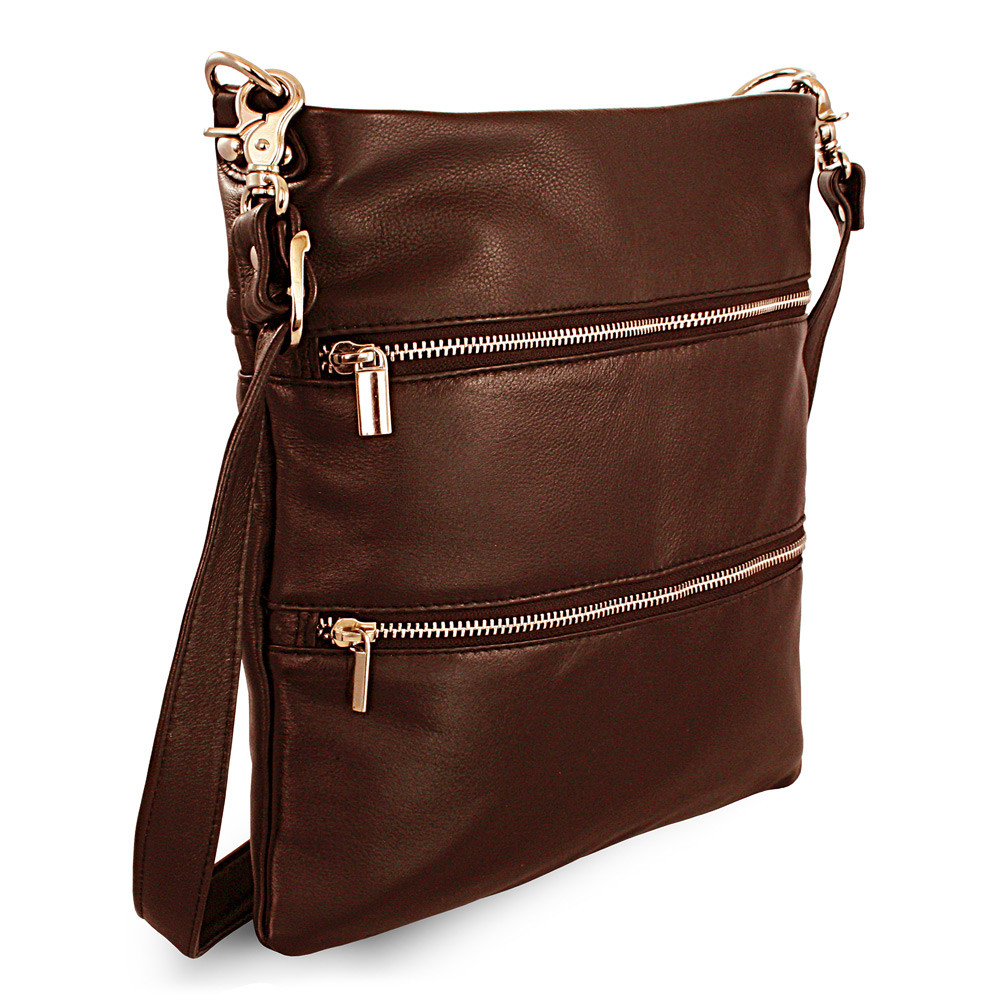 Tmavo hnedá kožená zipsová kabelka s popruhom 212-3066-47