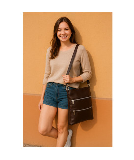 Tmavo hnedá kožená zipsová kabelka s popruhom 212-3066-47